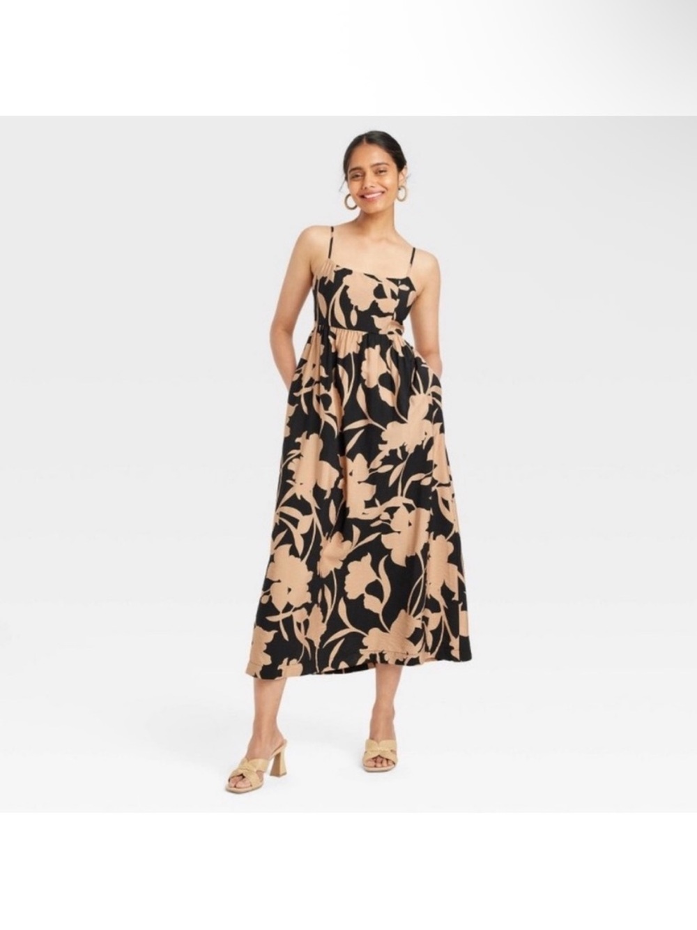 A New Day Spaghetti Strap Black & Beige Floral  Dress